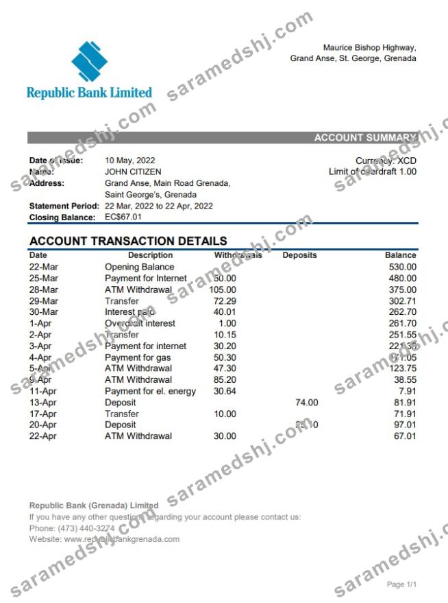 Grenada Republic bank statement